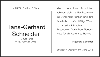 Traueranzeige von Hans-Gerhard Schneider von Wetterauer Zeitung, Wetterauer Zeitung