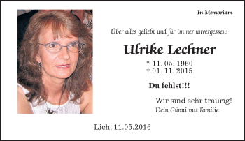 Traueranzeige von Ulrike Lechner von Gießener Allgemeine, Alsfelder Allgemeine, Wetterauer Zeitung, Wetterauer Zeitung