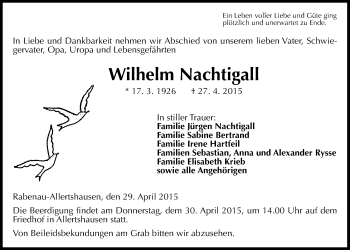 Traueranzeige von Wilhelm Nachtigall von Gießener Allgemeine, Alsfelder Allgemeine