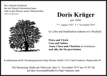 Traueranzeige von Doris Krüger von Wetterauer Zeitung, Wetterauer Zeitung