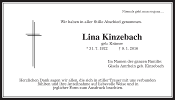 Traueranzeige von Lina Kinzebach von Wetterauer Zeitung, Wetterauer Zeitung