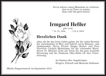 Traueranzeige von Irmgard Heßler von Gießener Allgemeine, Alsfelder Allgemeine
