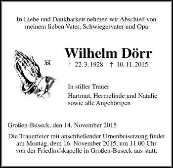 Traueranzeige von Wilhelm Dörr von Gießener Allgemeine, Alsfelder Allgemeine