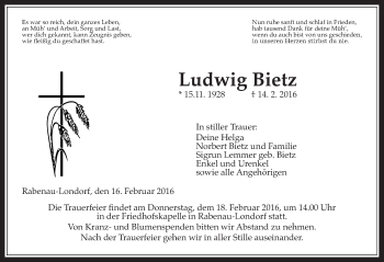 Traueranzeige von Ludwig Bietz von Gießener Allgemeine, Alsfelder Allgemeine