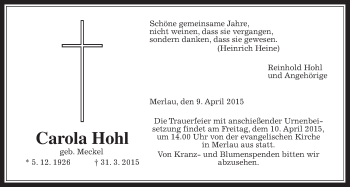 Traueranzeige von Carola Hohl von Mücker Stimme