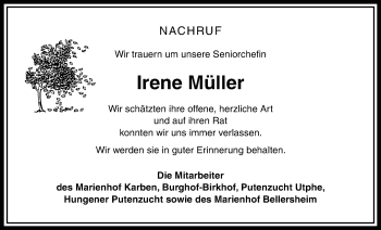 Traueranzeige von Irene Müller von Licher Wochenblatt, Licher Wochenblatt, Licher Wochenblatt