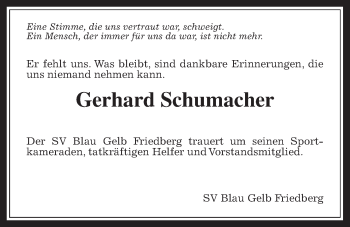 Traueranzeige von Gerhard Schumacher von Wetterauer Zeitung, Wetterauer Zeitung