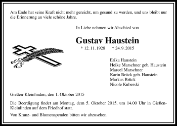 Traueranzeige von Gustav Haustein von Licher Wochenblatt, Licher Wochenblatt, Licher Wochenblatt