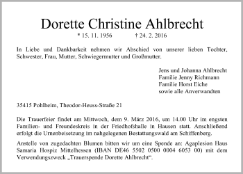 Traueranzeige von Dorette Christine Ahlbrecht von Gießener Allgemeine, Alsfelder Allgemeine