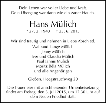 Traueranzeige von Hans Mülich von Gießener Allgemeine, Alsfelder Allgemeine