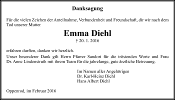 Traueranzeige von Emma Diehl von Gießener Allgemeine, Alsfelder Allgemeine