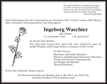 Traueranzeige von Ingeborg Waechter von Wetterauer Zeitung, Wetterauer Zeitung