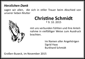 Traueranzeige von Christine Schmidt von Gießener Allgemeine, Alsfelder Allgemeine