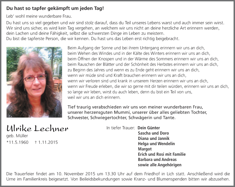  Traueranzeige für Ulrike Lechner vom 05.11.2015 aus Licher Wochenblatt, Licher Wochenblatt, Licher Wochenblatt