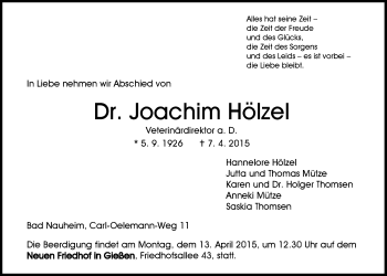 Traueranzeige von Joachim Hölzel von Gießener Allgemeine, Alsfelder Allgemeine, Wetterauer Zeitung, Wetterauer Zeitung