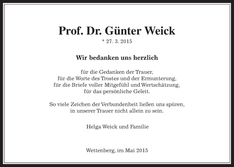  Traueranzeige für Günter Weick vom 02.05.2015 aus Gießener Allgemeine, Alsfelder Allgemeine