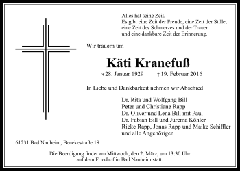 Traueranzeige von Käti Kranefuß von Wetterauer Zeitung, Wetterauer Zeitung