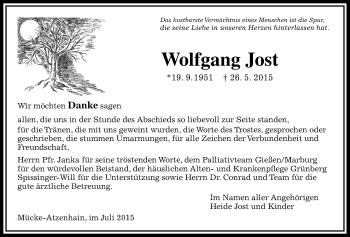 Traueranzeige von Wolfgang Jost von Gießener Allgemeine, Alsfelder Allgemeine