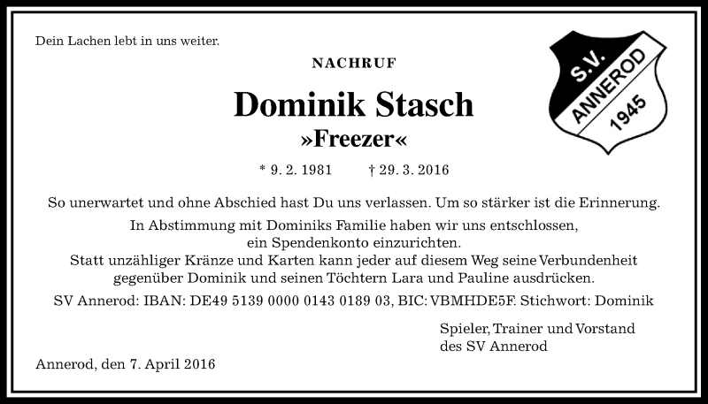  Traueranzeige für Dominik Stasch vom 07.04.2016 aus Gießener Allgemeine, Alsfelder Allgemeine