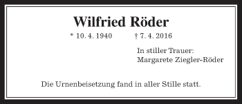 Traueranzeige von Wilfried Röder von Wetterauer Zeitung, Wetterauer Zeitung