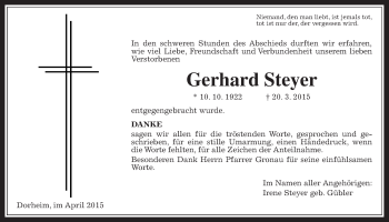 Traueranzeige von Gerhard Steyer von Wetterauer Zeitung, Wetterauer Zeitung