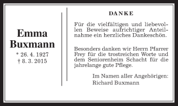 Traueranzeige von Emma Buxmann von Wetterauer Zeitung, Wetterauer Zeitung