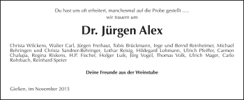 Traueranzeige von Jürgen Alex von Gießener Allgemeine, Alsfelder Allgemeine
