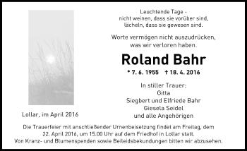 Traueranzeige von Roland Bahr von Gießener Allgemeine, Alsfelder Allgemeine