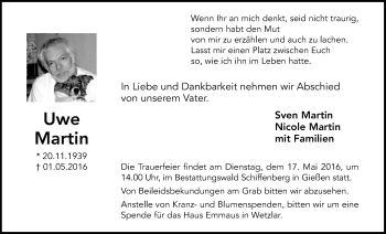 Traueranzeige von Uwe Martin von Gießener Allgemeine, Alsfelder Allgemeine