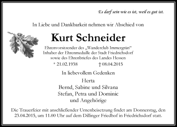 Traueranzeige von Kurt Schneider von Wetterauer Zeitung, Wetterauer Zeitung