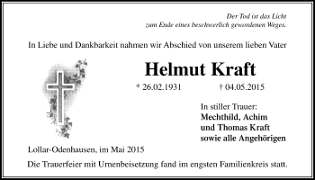 Traueranzeige von Helmut Kraft von Gießener Allgemeine, Alsfelder Allgemeine