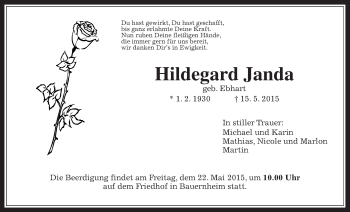 Traueranzeige von Hildegard Janda von Wetterauer Zeitung, Wetterauer Zeitung