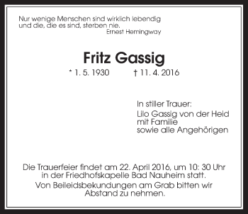 Traueranzeige von Fritz Gassig von Wetterauer Zeitung, Wetterauer Zeitung