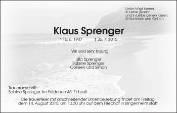Traueranzeige von Klaus Sprenger von Wetterauer Zeitung, Wetterauer Zeitung