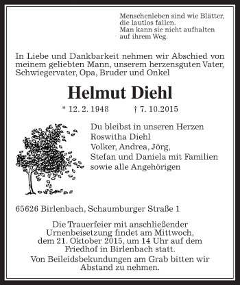 Traueranzeige von Helmut Diehl von Wetterauer Zeitung, Wetterauer Zeitung