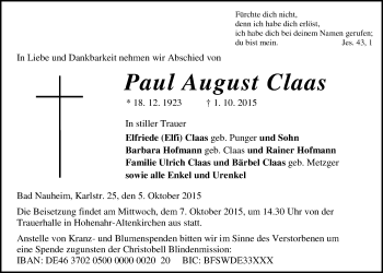Traueranzeige von Paul August Claas von Wetterauer Zeitung, Wetterauer Zeitung