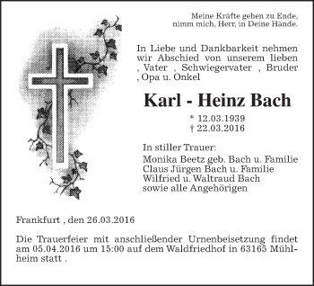 Traueranzeige von Karl-Heinz Bach von Wetterauer Zeitung, Wetterauer Zeitung