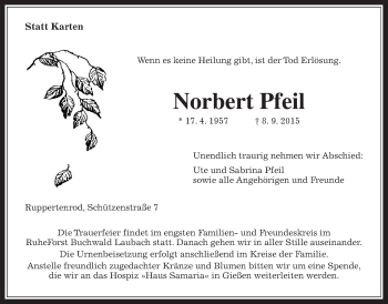 Traueranzeige von Norbert Pfeil von Alsfelder Allgemeine