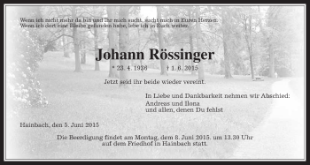 Traueranzeige von Johann Rössinger von Alsfelder Allgemeine
