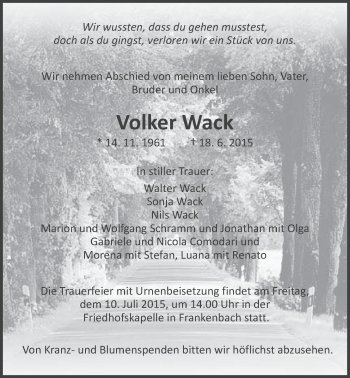 Traueranzeige von Volker Wack von Gießener Allgemeine, Alsfelder Allgemeine