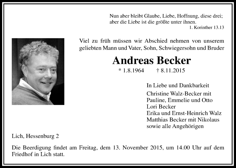  Traueranzeige für Andreas Becker vom 11.11.2015 aus Gießener Allgemeine, Alsfelder Allgemeine
