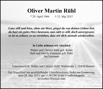 Traueranzeige von Oliver Martin Rühl von Gießener Allgemeine, Alsfelder Allgemeine