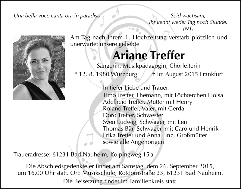  Traueranzeige für Ariane Treffer vom 25.09.2015 aus Wetterauer Zeitung, Wetterauer Zeitung