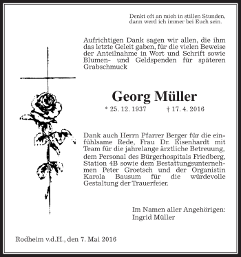Traueranzeige von Georg Müller von Wetterauer Zeitung, Wetterauer Zeitung
