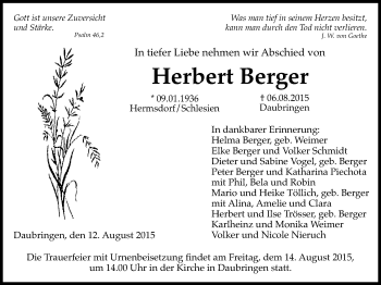 Traueranzeige von Herbert Berger von Gießener Allgemeine, Alsfelder Allgemeine