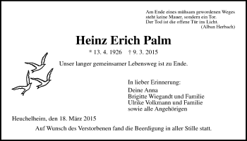 Traueranzeige von Heinz Erich Palmer von Gießener Allgemeine, Alsfelder Allgemeine