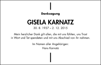 Traueranzeige von Gisela Karnatz von Wetterauer Zeitung, Wetterauer Zeitung