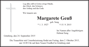 Traueranzeige von Margarete Geuß von Heimatzeitung Grünberg + Laubach, Laubacher Anzeiger