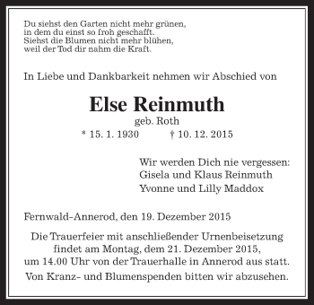 Traueranzeige von Else Reinmuth von Gießener Allgemeine, Alsfelder Allgemeine