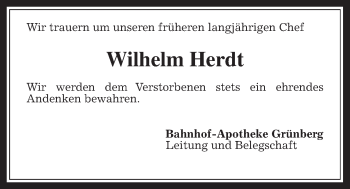 Traueranzeige von Wilhelm Herdt von Gießener Allgemeine, Alsfelder Allgemeine, Heimatzeitung Grünberg + Laubach, Laubacher Anzeiger
